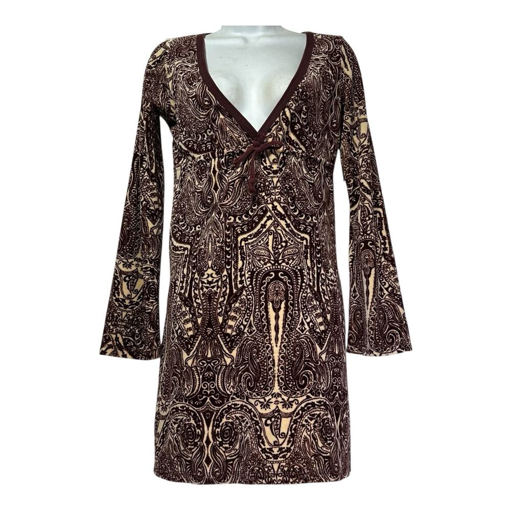 Juicy Couture Brown Cream Paisley Velvet Mini Dress Long Sleeve Size S
